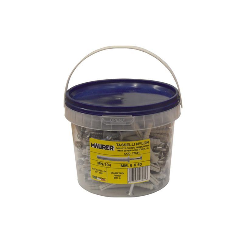 foto del prodotto tassello nylon maurer mn 6x60mm secchiello 100 pz con vite a chiodo