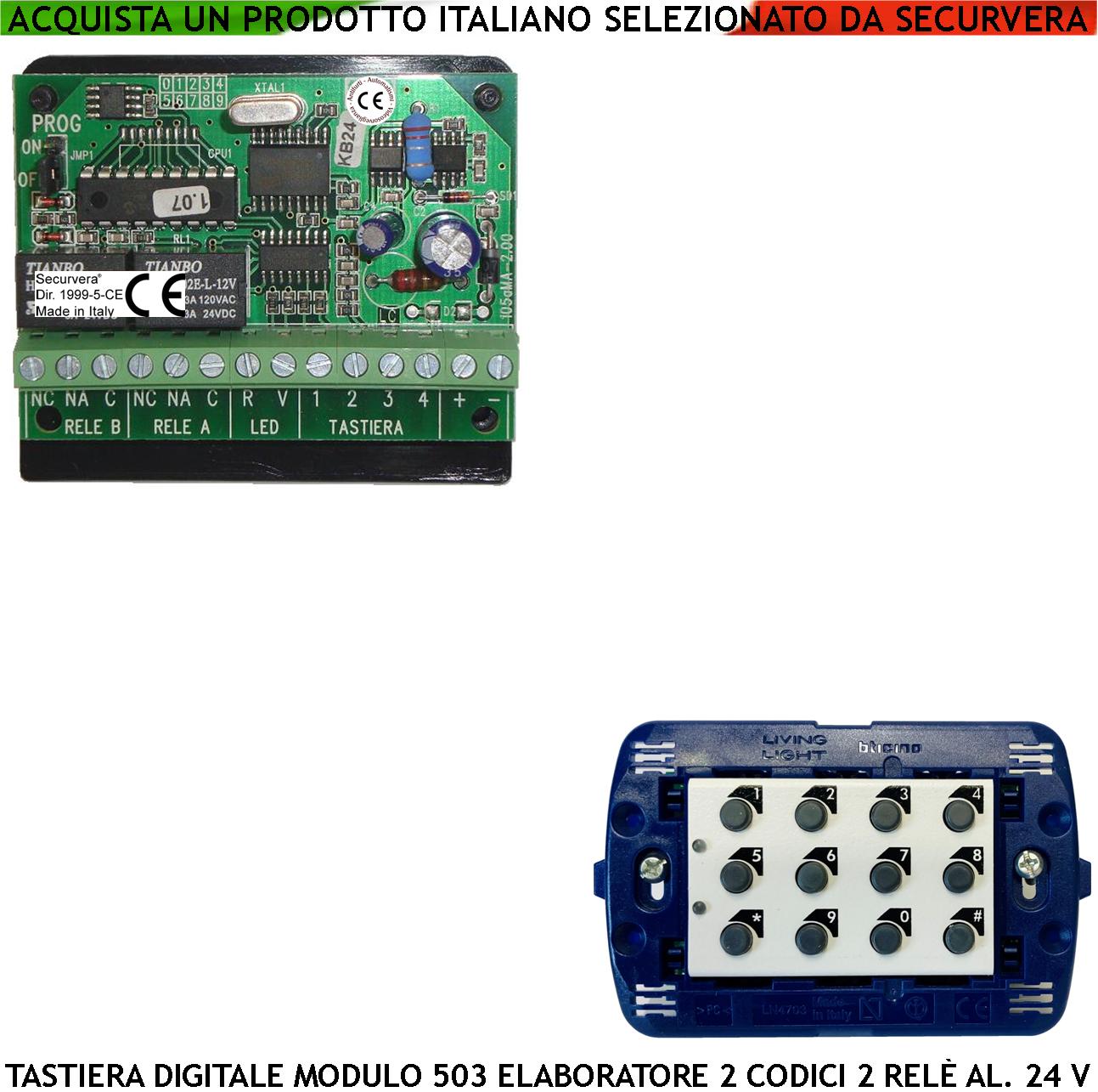 foto del prodotto tastiera da incasso elettronica digitale per modulo 503 kit elaboratore remoto gestisce 2 attivazioni antifurto alimentazione 24 vcc codici dtmf 6 cifre 2 led e 2 relè con funzioni programmabili ip44