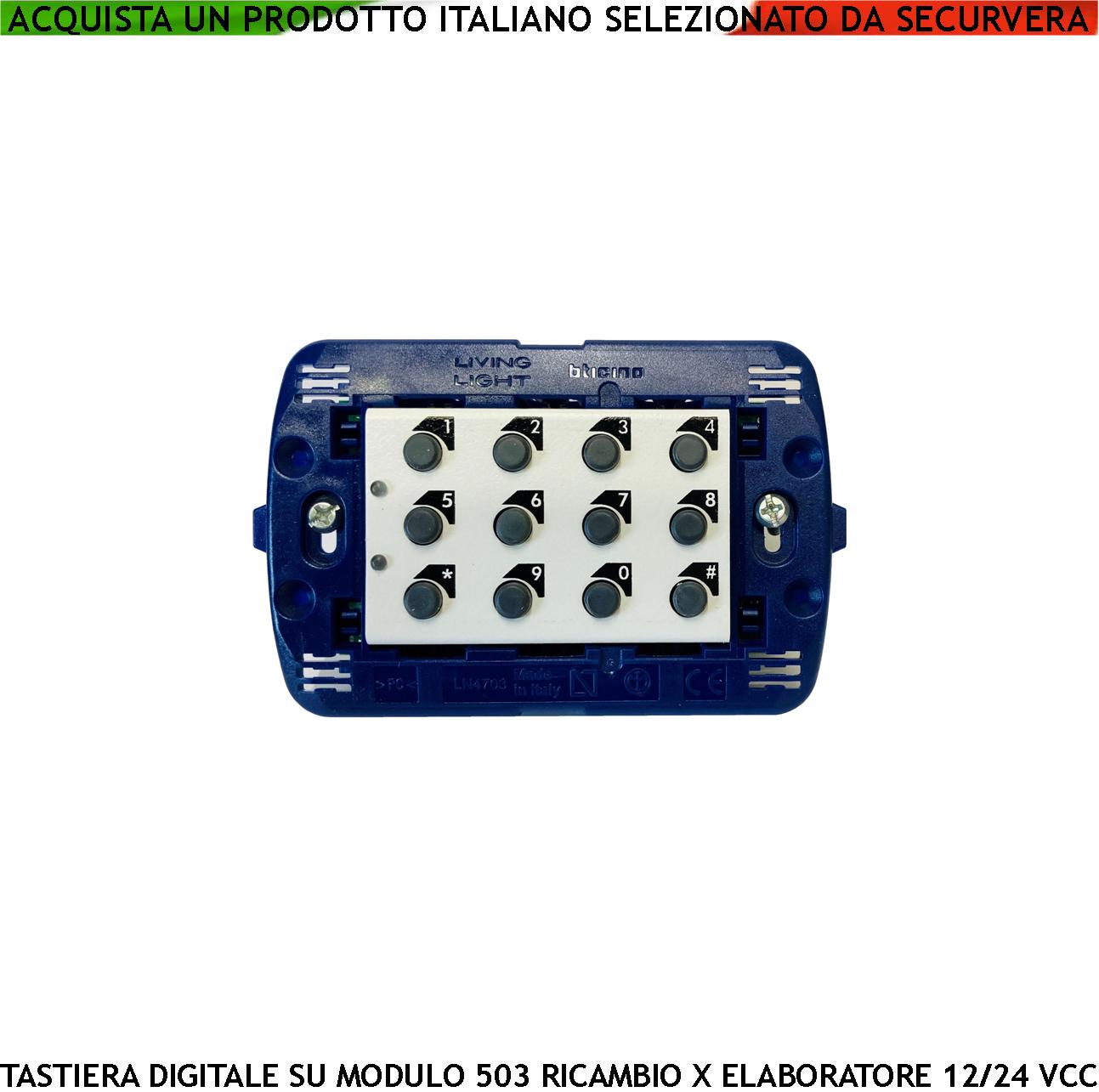 foto del prodotto tastiera digitale da incasso modulo 503 ip44 ricambio per elaboratore kbc o kbv 2 led rosso verde gestibili 2 codici dtmf da 6 numeri funzioni e alimentazione tramite bus della centralina 2 relè progr