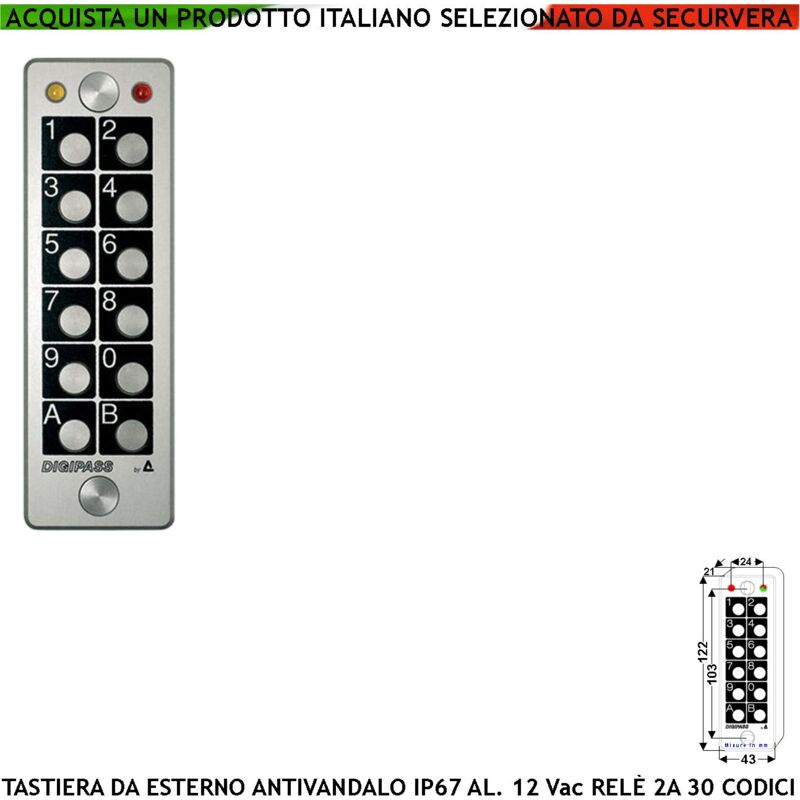 foto del prodotto tastiera stand alone anti vandalo decodifica integrata led verde e rosso 30 codici univoci 4 6 cifre rel stabile o monostabile da 0,25 a 30 alim.