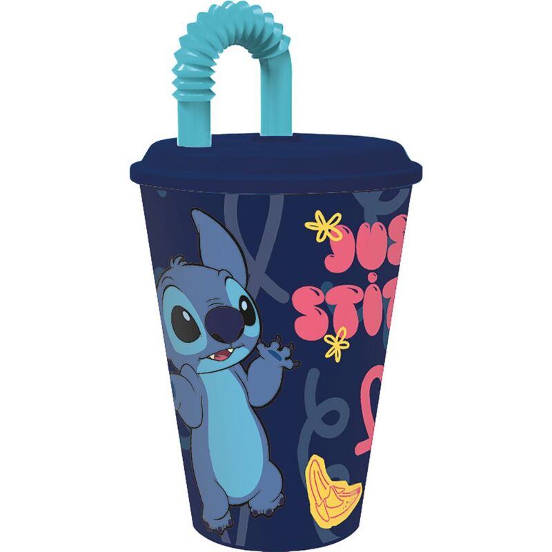 foto del prodotto tataway bicchiere plastica per bambini disney stitch da 430 ml, senza bpa, riutilizzabile e lavabile, con cannuccia e coperchio
