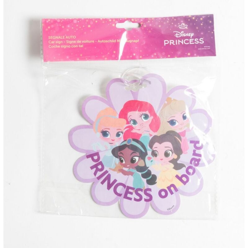 foto del prodotto tataway disney principesse baby on board con grafiche di ariel, belle, jasmine, aurora e cenerentola, forma a fiore e attacco a ventosa, segnale
