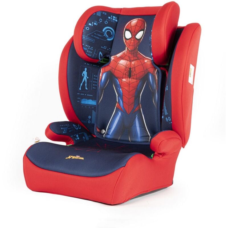 foto del prodotto tataway marvel seggiolino auto spiderman per la sicurezza dei bambini con altezza da 100 a 150 cm con grafiche del supereroe uomo ragnno su fondo