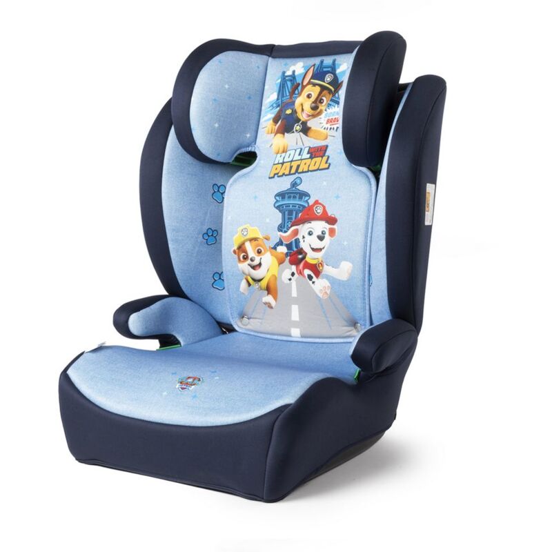 foto del prodotto tataway paw patrol seggiolino auto per la sicurezza dei bambini con altezza da 100 a 150 cm con grafiche dei simpatici cagnolini chase, rubble e