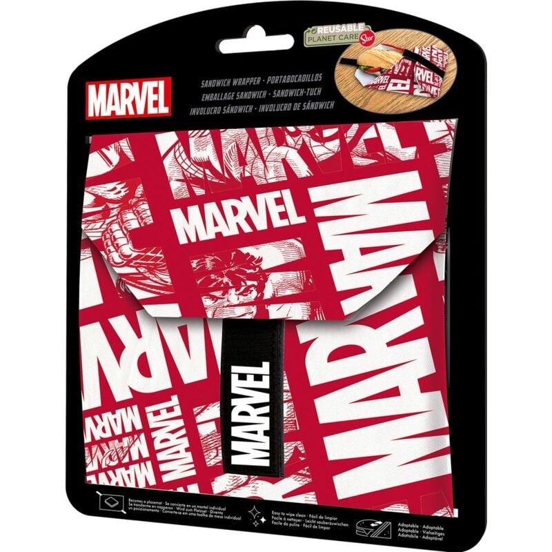 foto del prodotto tataway porta merenda bambini marvel, senza bpa, riutilizzabile, lavabile in lavatrice, trasformabile in tovaglia e chiusura con velcro
