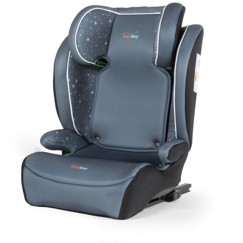 foto del prodotto tataway seggiolino auto con attacco isofix per la sicurezza dei bambini con altezza da 100 a 150 cm con grafiche su fondo grigio