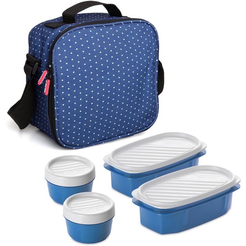 foto del prodotto tatay urban food casual, borsa termica porta pranzo, 3l capacit , con 4 contenitori alimentari, 2 x 0.5 l, 2 x 0.2 l, senza bpa, blu con puntini ,