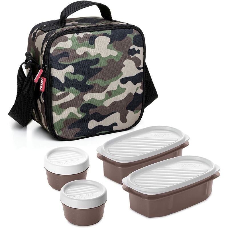 foto del prodotto tatay urban food casual, borsa termica porta pranzo, 3l capacit , con 4 contenitori alimentari, 2 x 0.5 l, 2 x 0.2 l, senza bpa, verde camuffare ,
