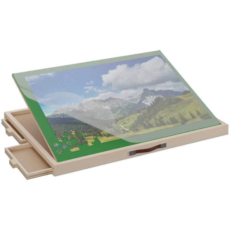 foto del prodotto tavola porta puzzle 1000 pz., vassoio inclinabile e pannello, supporto tavolo da gioco, legno naturale, verde relaxdays