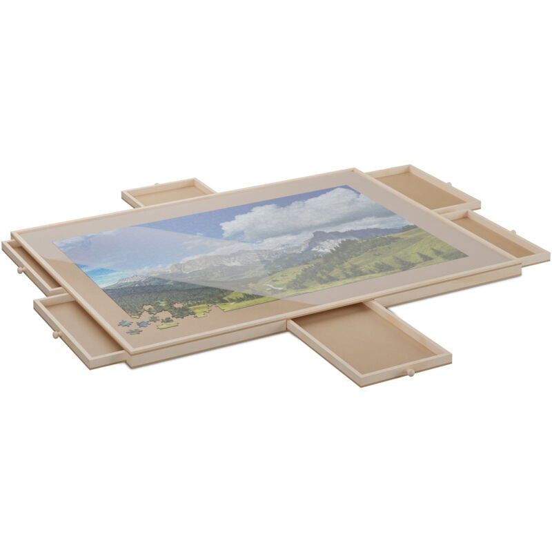 foto del prodotto tavola porta puzzle 1000 pz., vassoio rotante con 6 cassetti magnetici, tavolo da gioco in legno, naturale relaxdays