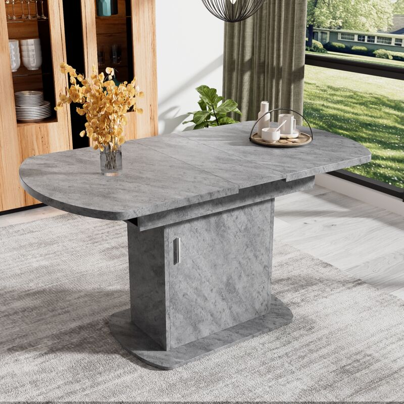 foto del prodotto tavoli sala da pranzo 110 130 x70x75cm mobiletto portaoggetti con 1 anta, piano tavolo con giunzione retrattile, ovale, maniglia argentata, grigio
