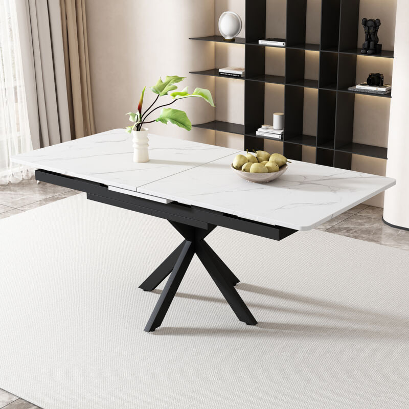 foto del prodotto tavoli sala da pranzo 150 180 x 70 x 76 cm tavolo allungabile, gambe incrociate, motivo marmo, rettangolare, tavolino, nero bianco
