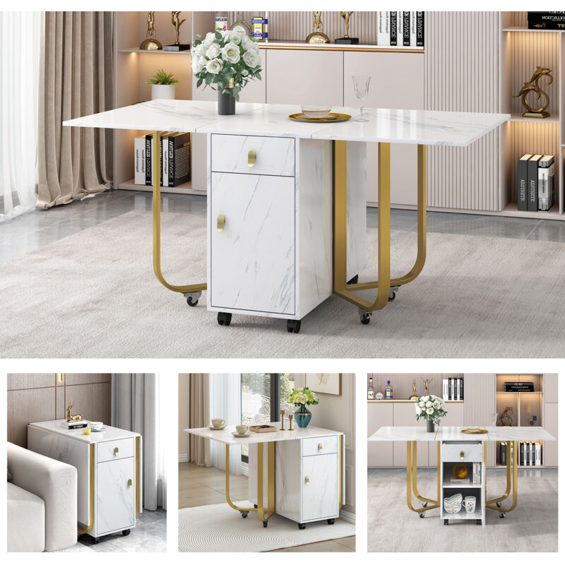 foto del prodotto tavoli sala da pranzo con 1 cassetto e mobiletto portaoggetti, con ruote e 4 gambe di supporto, tavolo pieghevole multifunzionale, piano del tavolo