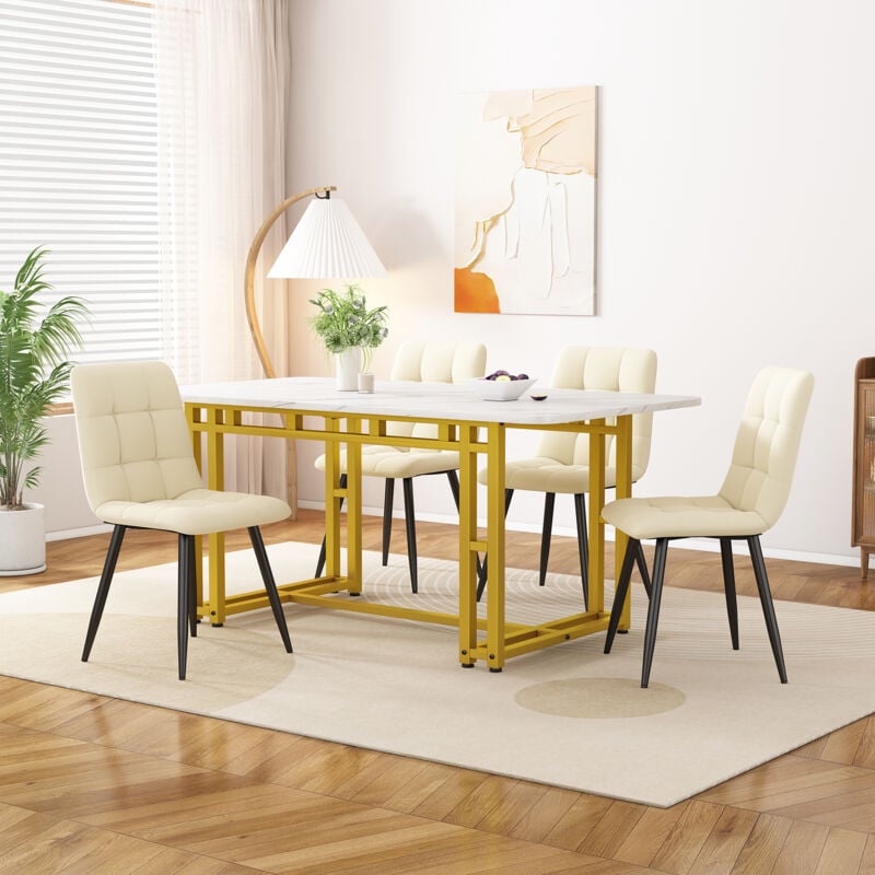 foto del prodotto tavoli sala da pranzo, tavolo da pranzo moderno da cucina, struttura in metallo, rettangolare, bianco, gambe dorate, 120x70x74cm 1pz 
