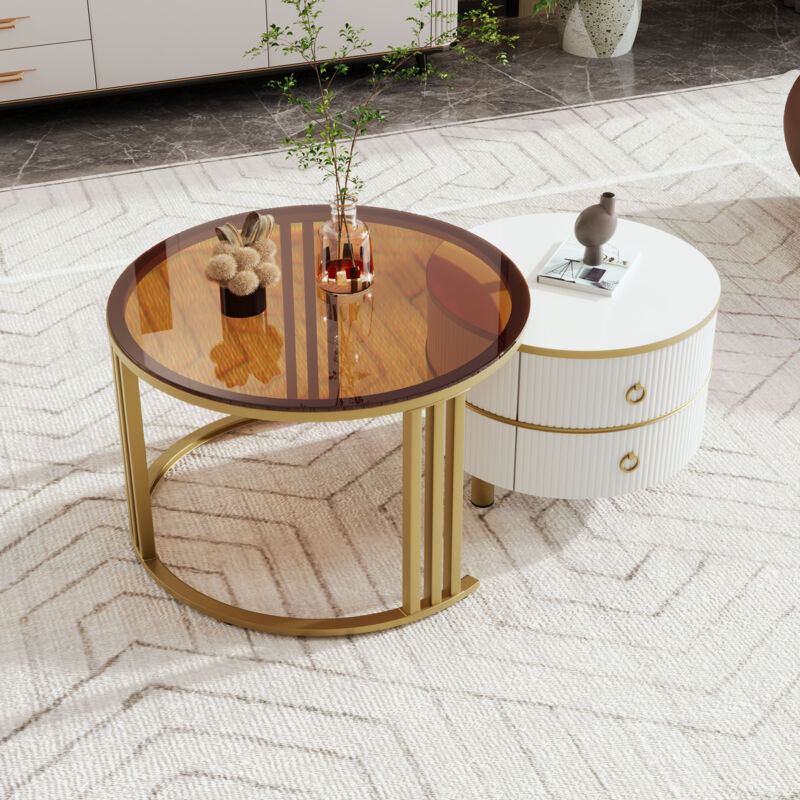 foto del prodotto tavolini bassi a incastro 2pz con 2 cassetti, tavolino salotto, 1 piano in vetro temperato marrone, mdf, bianco