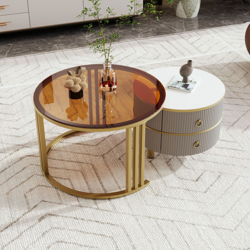 foto del prodotto tavolini bassi a incastro 2pz con 2 cassetti, tavolino salotto, 1 piano in vetro temperato marrone, mdf, grigio