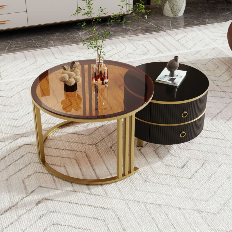 foto del prodotto tavolini bassi a incastro 2pz con 2 cassetti, tavolino salotto, 1 piano in vetro temperato marrone, mdf, nero