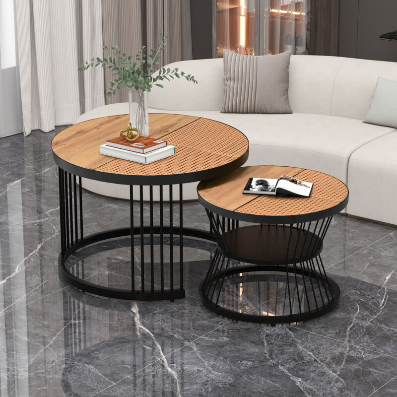 foto del prodotto tavolini bassi a incastro 2pz impilabile, tavolino salotto, design imitazione bamb , soggiorno balcone, mdf, colore legno originale e nero