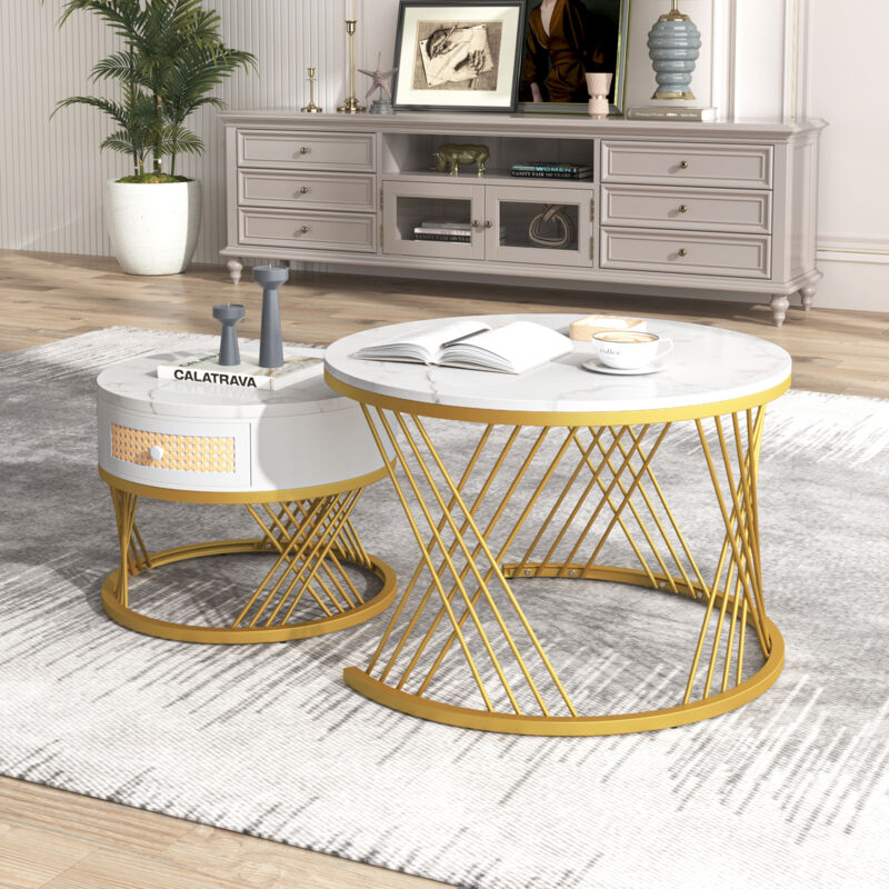foto del prodotto tavolini bassi a incastro 2pz , tavolino 2 in 1, tavolino salotto, motivo marmo, 1 cassetto, gambe in metallo, mdf, bianco e oro