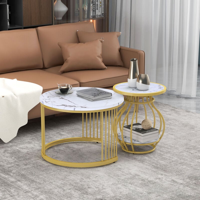 foto del prodotto tavolini bassi a incastro 2pz tavolino rotondo da caff , ttavolino salotto, struttura in metallo, motivo marmo, mdf, bianco