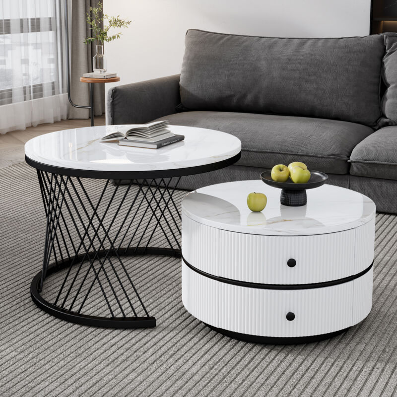 foto del prodotto tavolini bassi a incastro 2pz tavolino salotto rotondo, 2 cassetti, effetto marmo, portata 30kg, mdf, bianco e nero