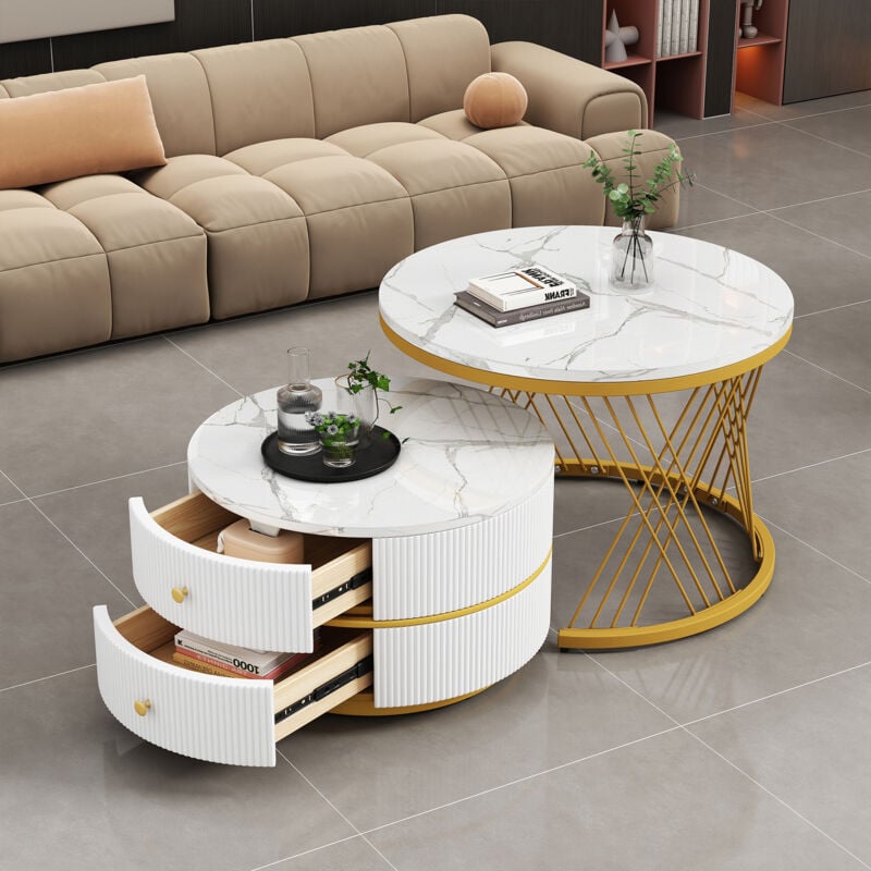 foto del prodotto tavolini bassi a incastro 2pz tavolino salotto rotondo, 2 cassetti, effetto marmo, portata 30kg, mdf, bianco e oro