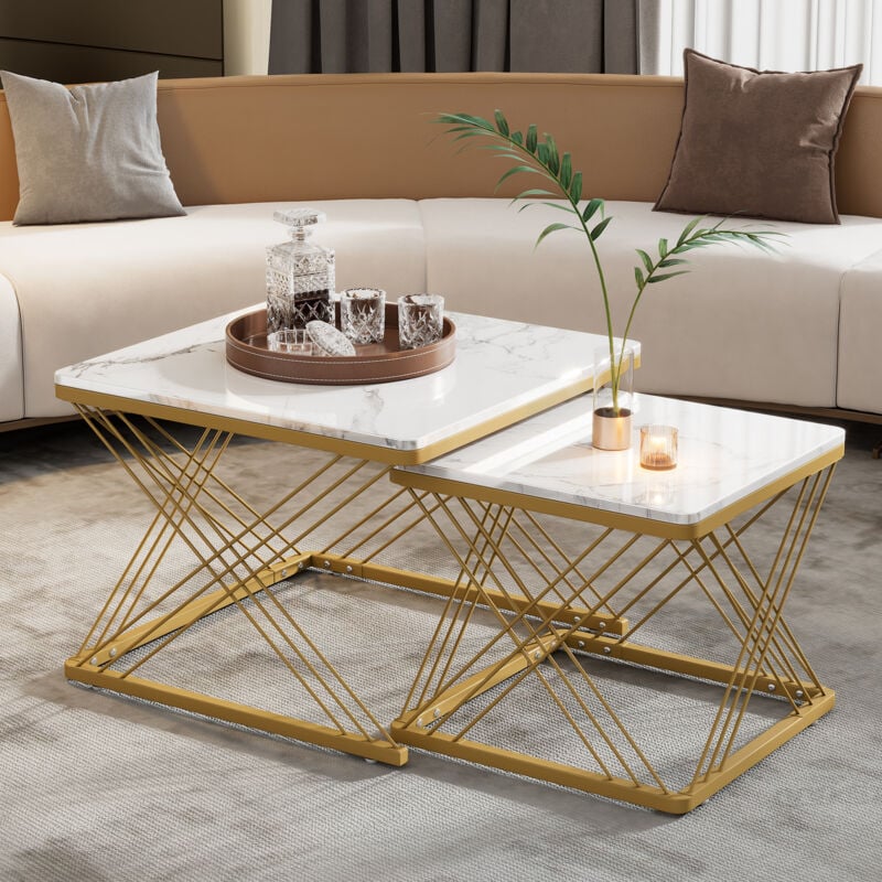 foto del prodotto tavolini bassi a incastro 60x60x45cm 45x45x40cm , tavolino salotto, rettangolare, motivo marmo, mdf, bianco oro