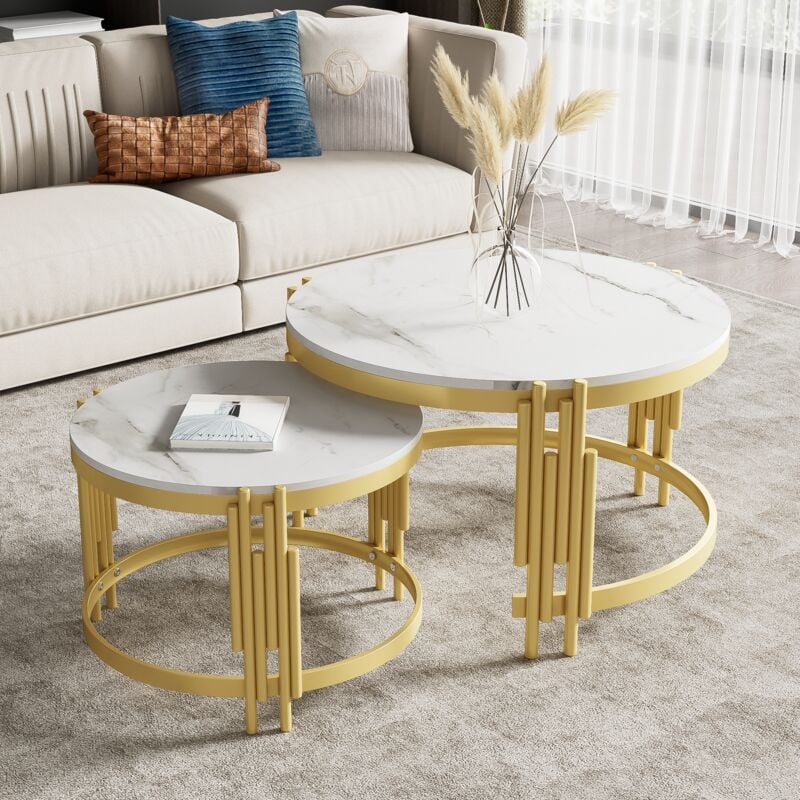 foto del prodotto tavolini bassi a incastro 71,5x71,5x44cm 51,5x51,5x37cm tavolino salotto, struttura dorata, forma rotonda, motivo marmo, mdf e metallo, bianco