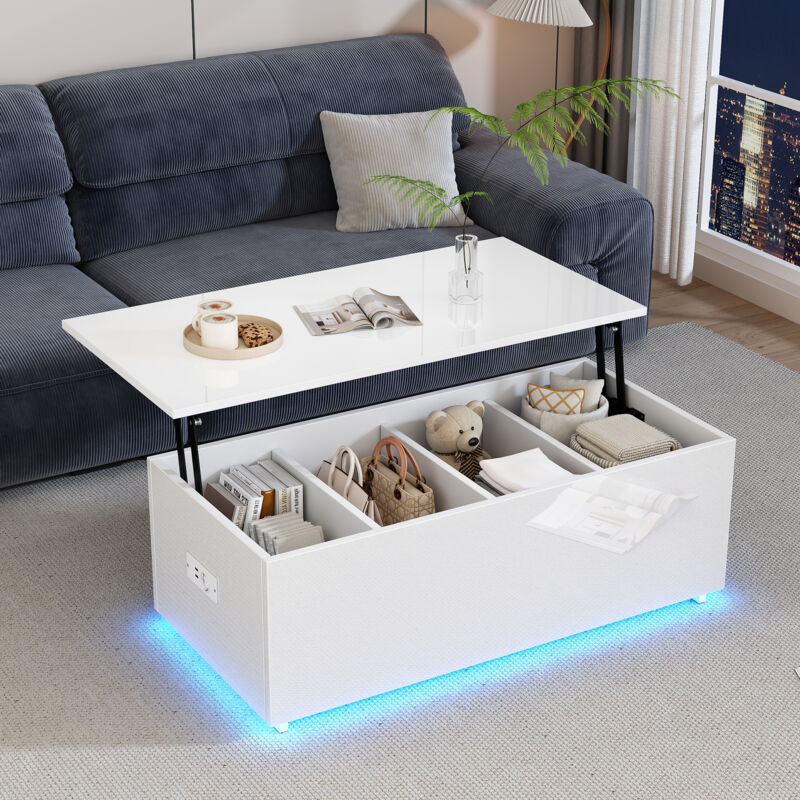 foto del prodotto tavolini bassi alzabili 100x50x35cm tavolino salotto con spazio di archiviazione, led, portata 40kg, pannello di particelle, bianco lucido