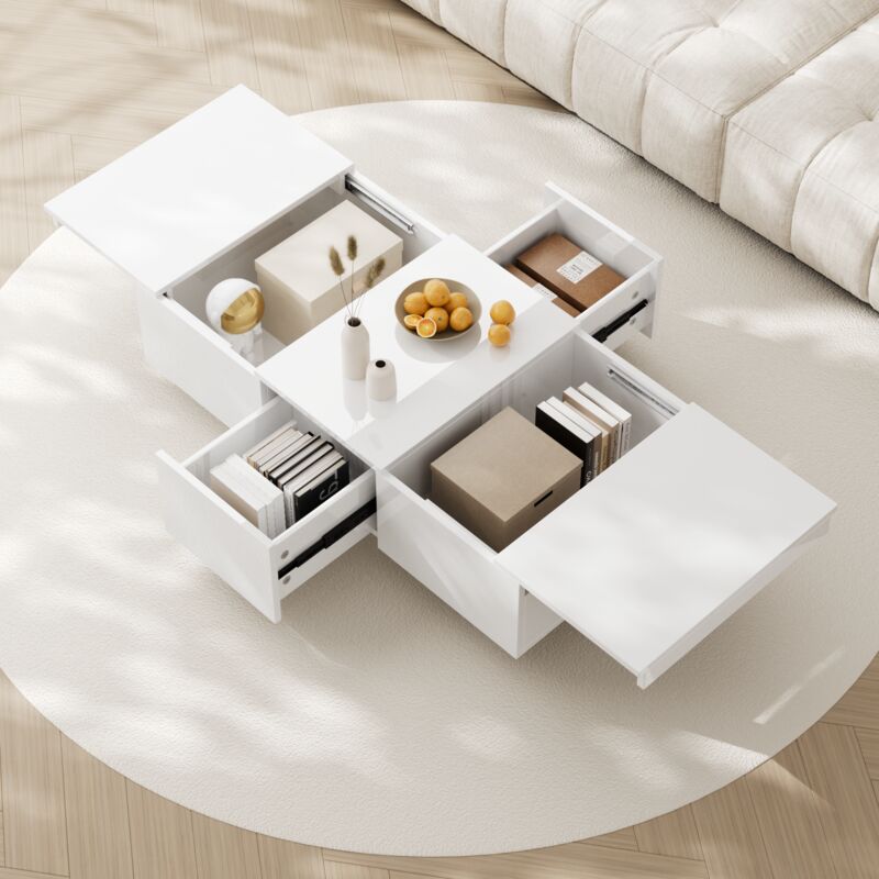 foto del prodotto tavolini bassi fissi 100x50x31cm tavolino salotto con 2 cassetti, vani portaoggetti, piano scorrevole, truciolare, bianco