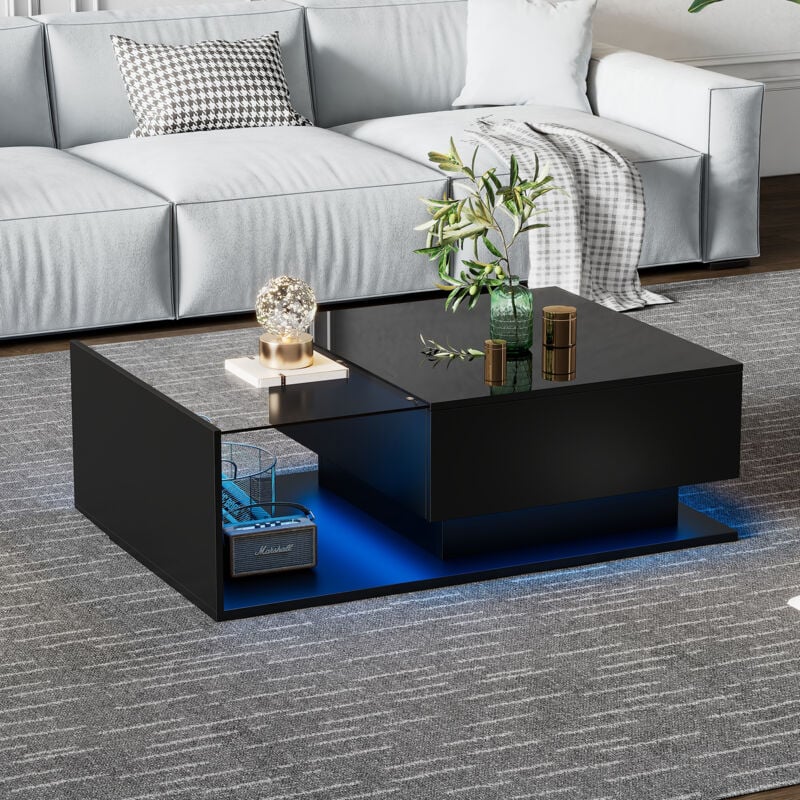 foto del prodotto tavolini bassi fissi 100x50x32cm tavolino salotto con 1 cassetto, led, truciolato e vetro, moderno, nero