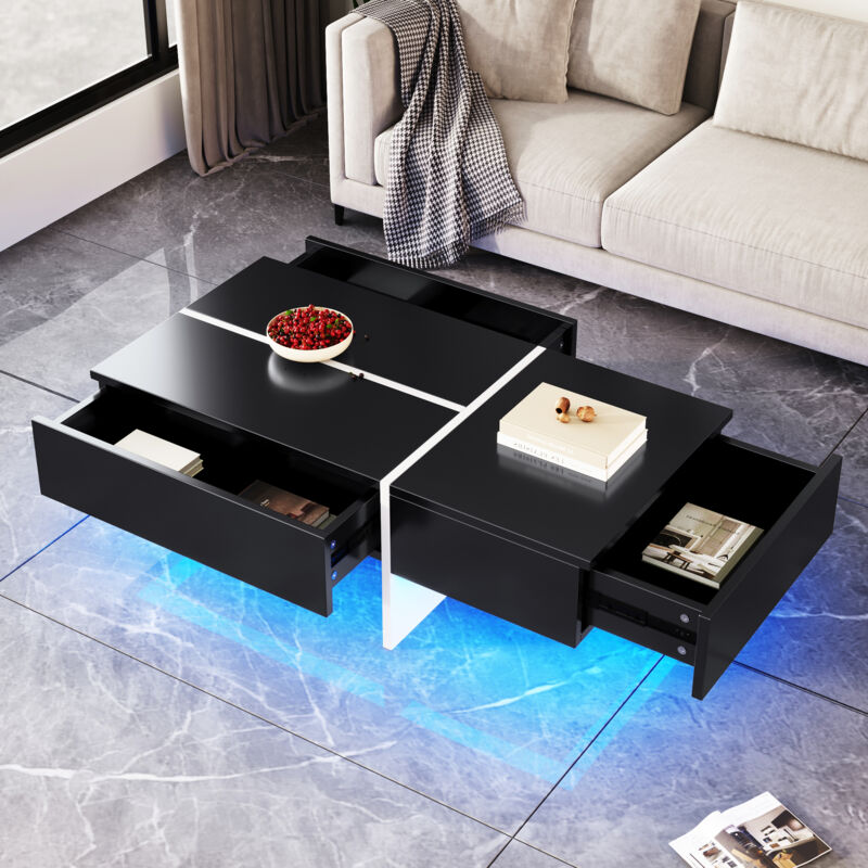 foto del prodotto tavolini bassi fissi 100x50x34,5cm con 3 cassetti, led, pannello truciolare, bianco e nero