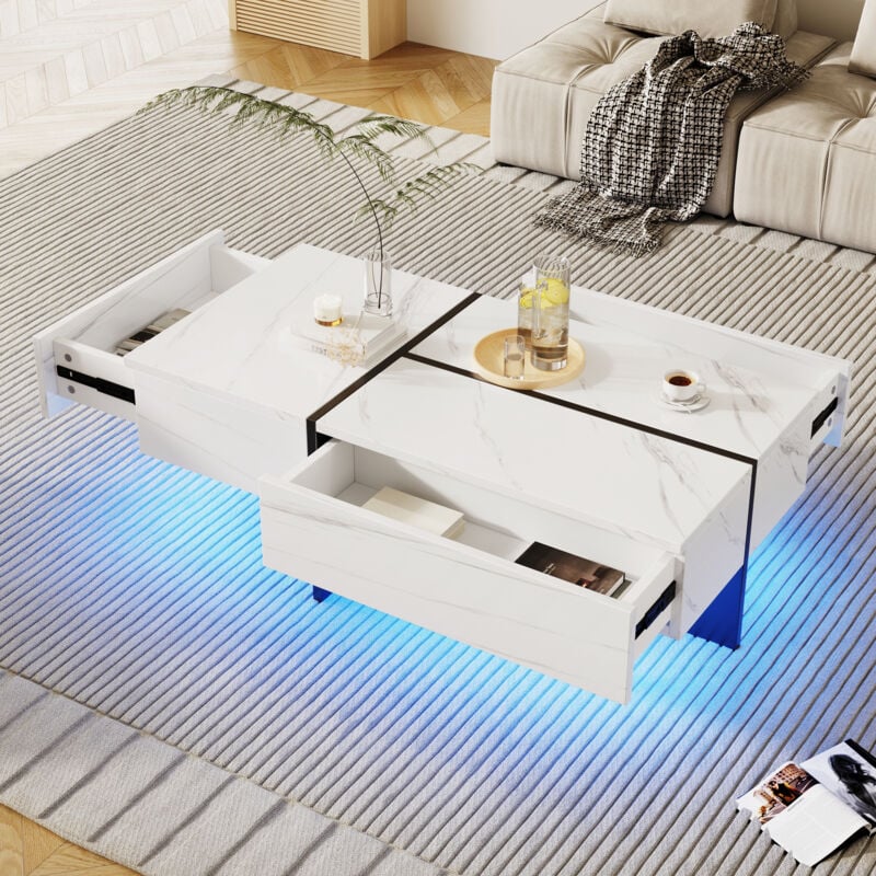 foto del prodotto tavolini bassi fissi 100x50x34,5cm tavolino salotto con 3 cassetti, led, effetto marmo, truciolare, bianco