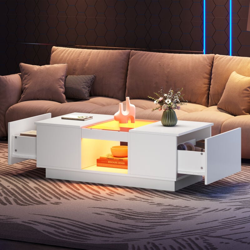 foto del prodotto tavolini bassi fissi 100x50x35,5cm, tavolino da caff , tavolino salotto, 2 cassetti e 1 vano aperto, led, pannello truciolare e vetro, bianco