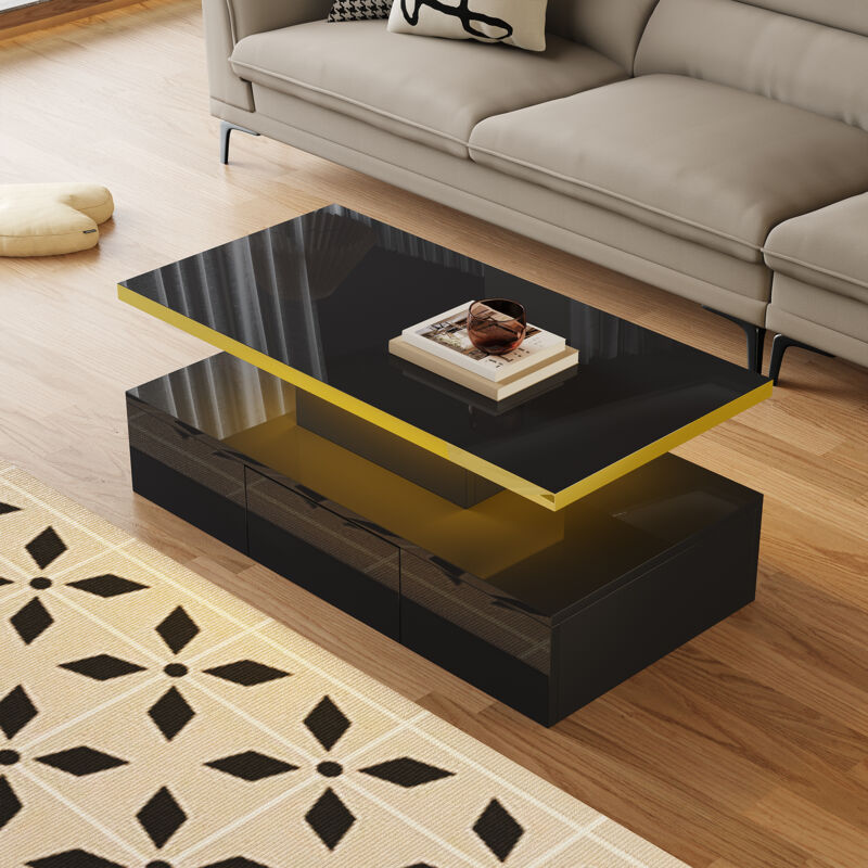 foto del prodotto tavolini bassi fissi 100x50x39cm, tavolino salotto, con cassetto, led, pannello truciolare, nero