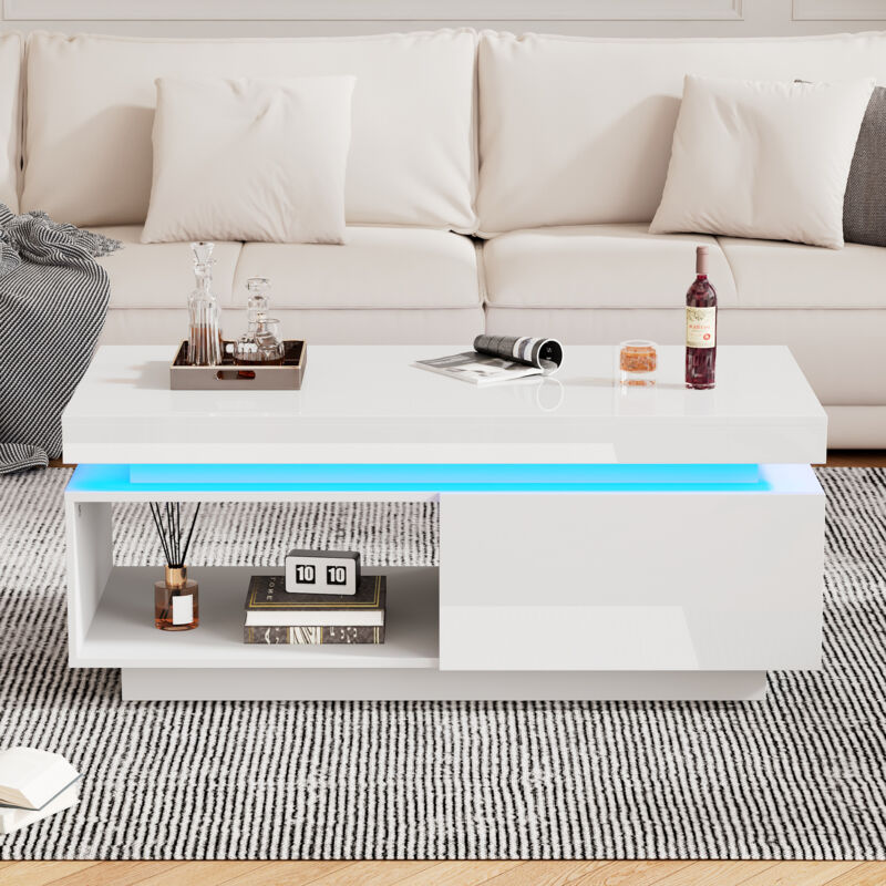 foto del prodotto tavolini bassi fissi 100x50x40,3cm con cassetto, tavolino rettangolare, tavolino salotto, led, truciolato, bianco