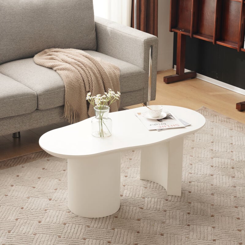 foto del prodotto tavolini bassi fissi 100x50x40,5cm, tavolino salotto di forma irregolare, soggiorno camera da letto, mdf, bianco
