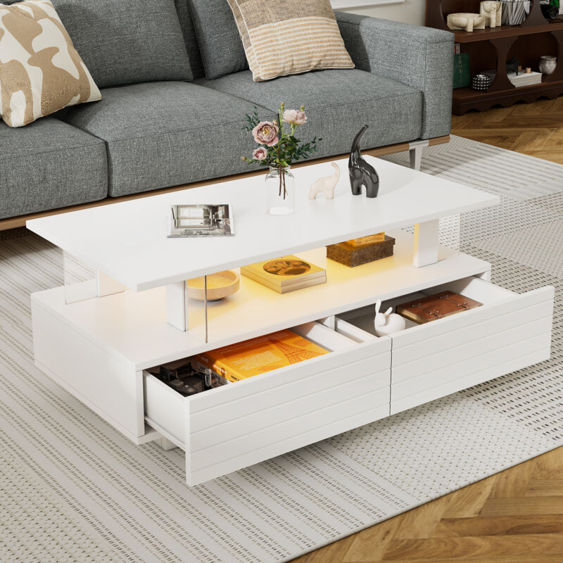 foto del prodotto tavolini bassi fissi 100x50x42,5 cm con 2 cassetti, tavolino salotto, design moderno e minimalista, led, acrilico, bianco