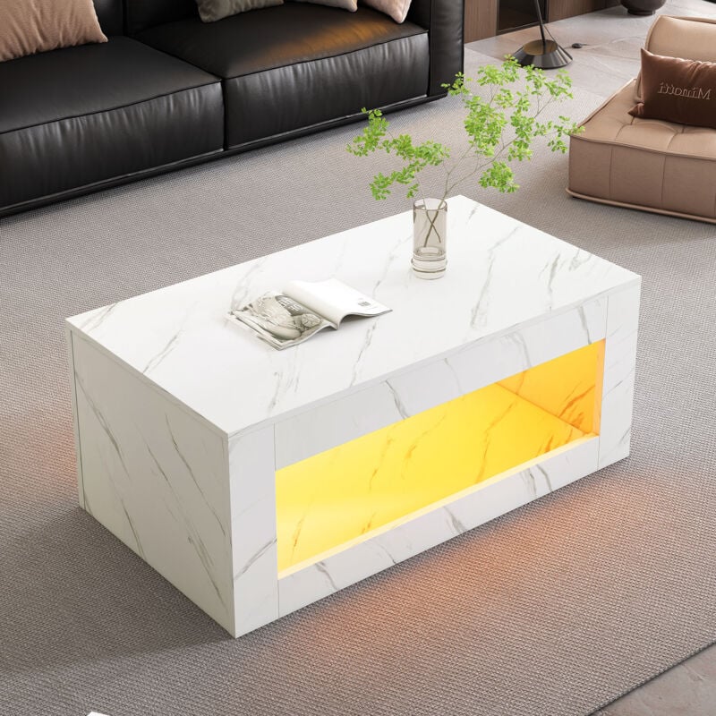 foto del prodotto tavolini bassi fissi 100x50x50cm, tavolino salotto, vani portaoggetti aperti, effetto marmo, led, pannello truciolare, bianco
