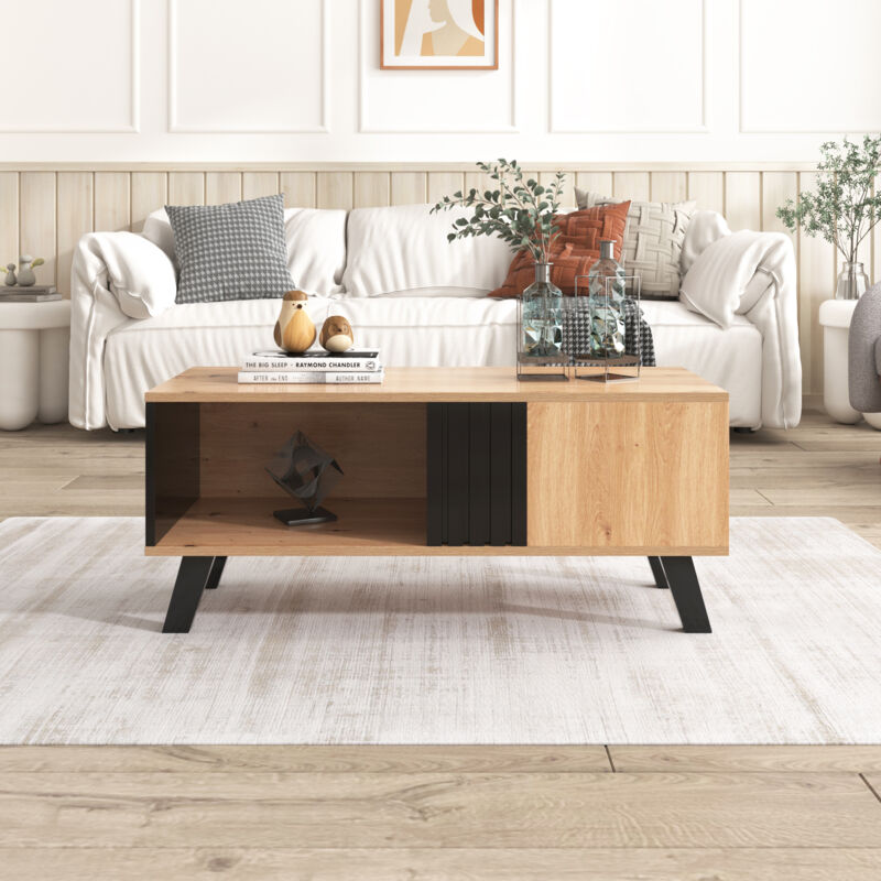 foto del prodotto tavolini bassi fissi 100x60x53cm, tavolino salotto rettangolare, vani portaoggetti aperti, multiuso, pannello truciolare, nero e naturale