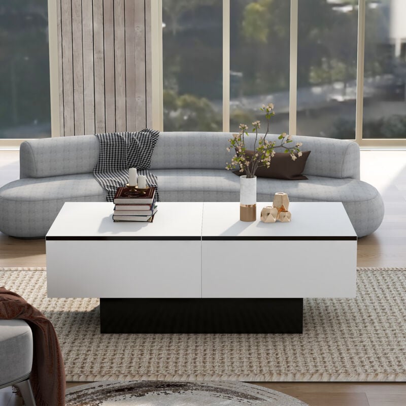 foto del prodotto tavolini bassi fissi 102x60x40cm piano retrattile con spazio di archiviazione, tavolino rettangolare, tavolino salotto, truciolare, nero e bianco