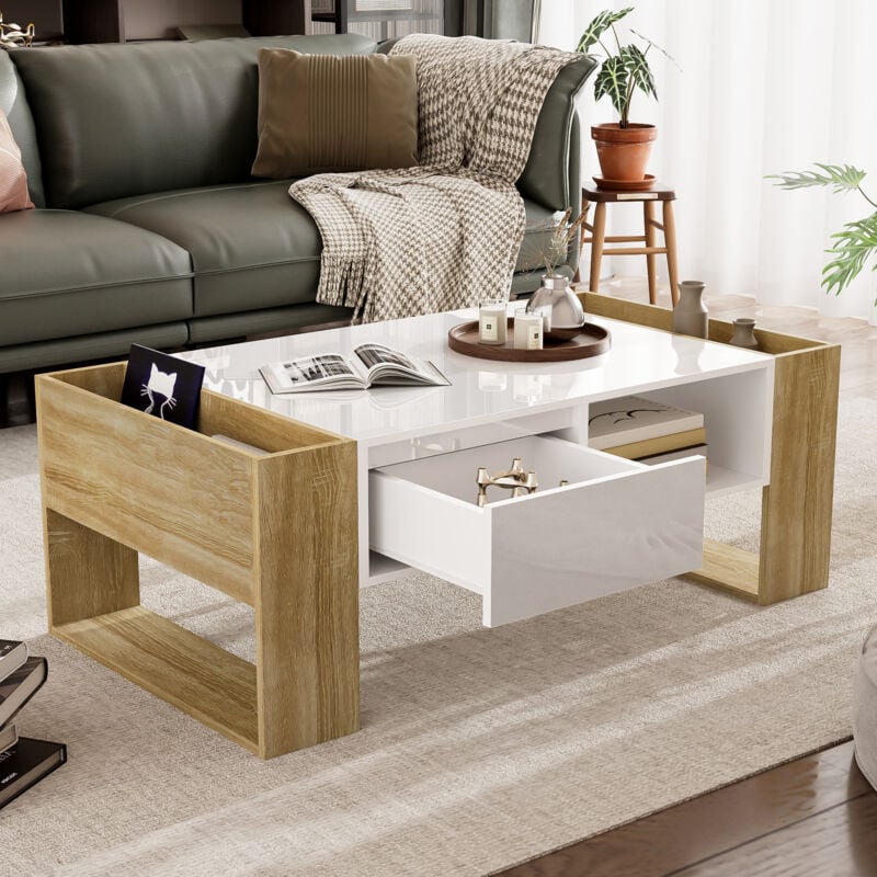 foto del prodotto tavolini bassi fissi 105x60x40cm con 1 cassetto, vani a giorno, mdf+pannello truciolare, bianco+naturale