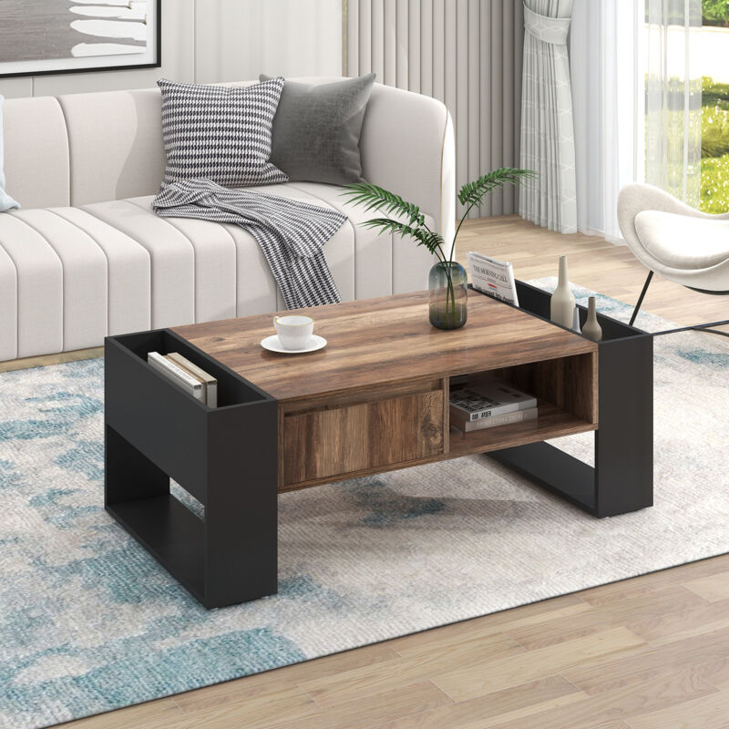 foto del prodotto tavolini bassi fissi 111x60x40cm, tavolino salotto, 1 cassetto, vani a giorno, pannello truciolare, nero marrone