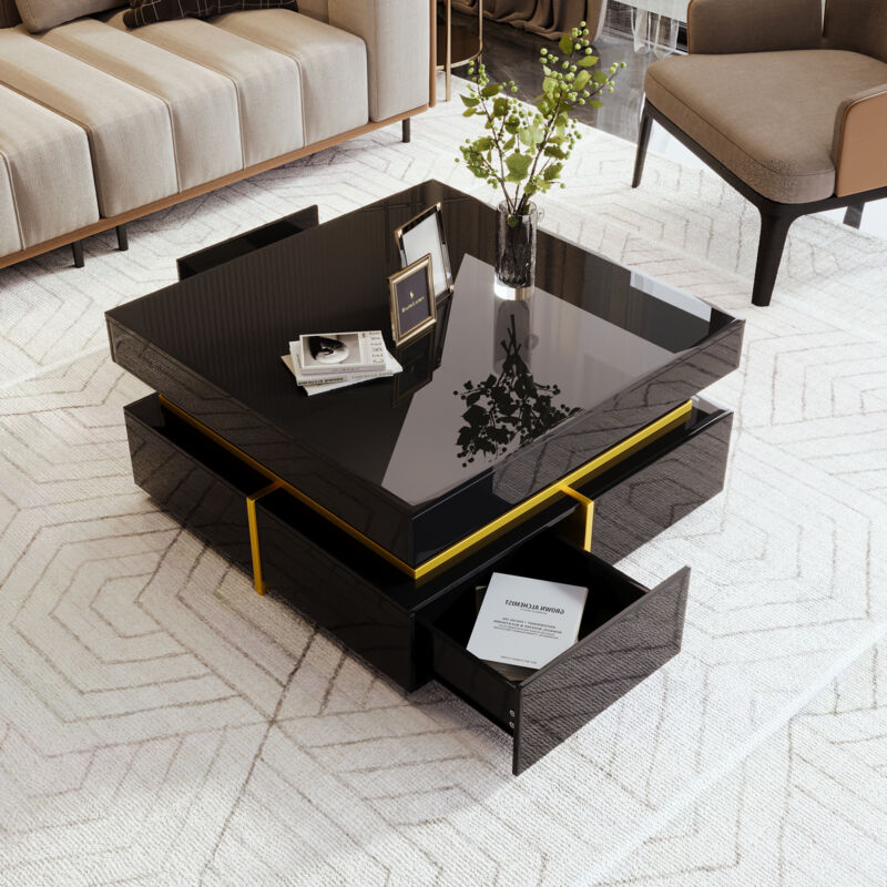 foto del prodotto tavolini bassi fissi 70x70x35,5cm, tavolino rettangolare, tavolino salotto, 2 cassetti, decorazione oro, pannello di particelle, nero
