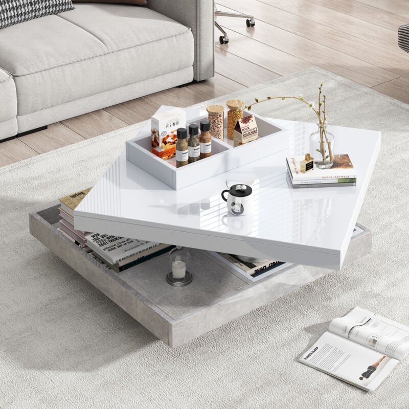 foto del prodotto tavolini bassi fissi 70x70x36cm, tavolino salotto, piano girevole, vani portaoggetti aperti, pannello truciolare, bianco grigio