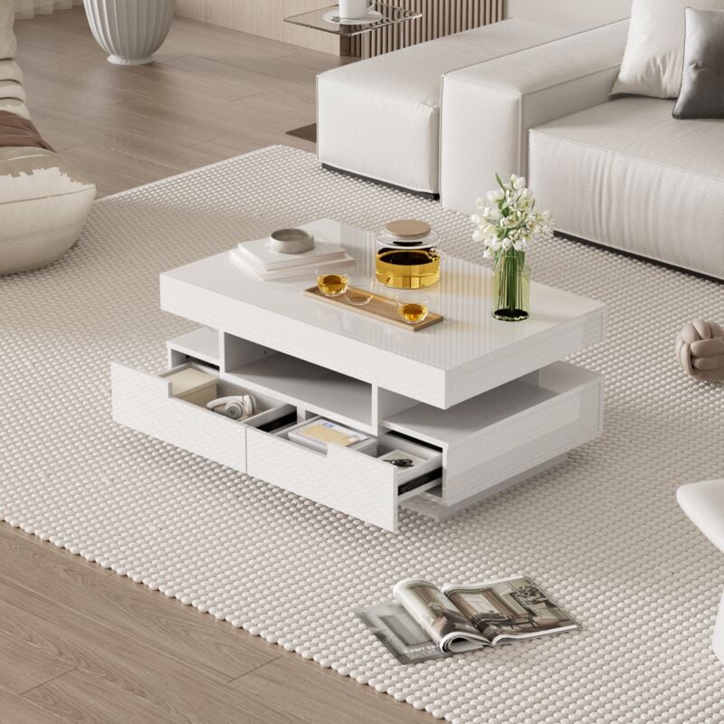 foto del prodotto tavolini bassi fissi 80x50x36cm tavolino salotto con 4 cassetti, led, pannello truciolare, bianco