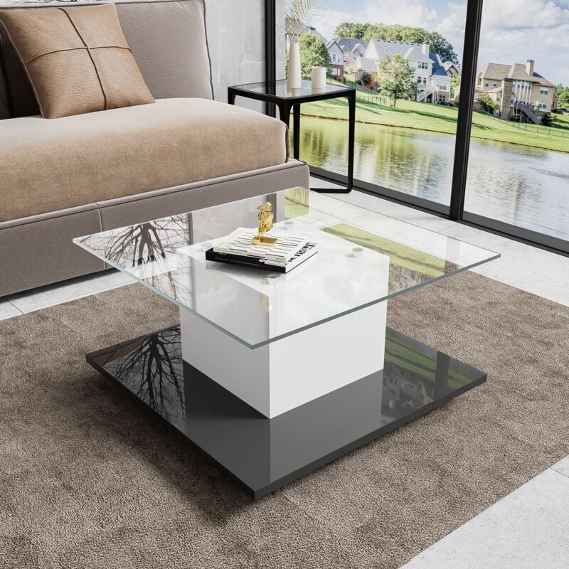 foto del prodotto tavolini bassi fissi 80x80x40 tavolino salotto, piano in vetro, su ruote, smontabile, truciolare, bianco e nero