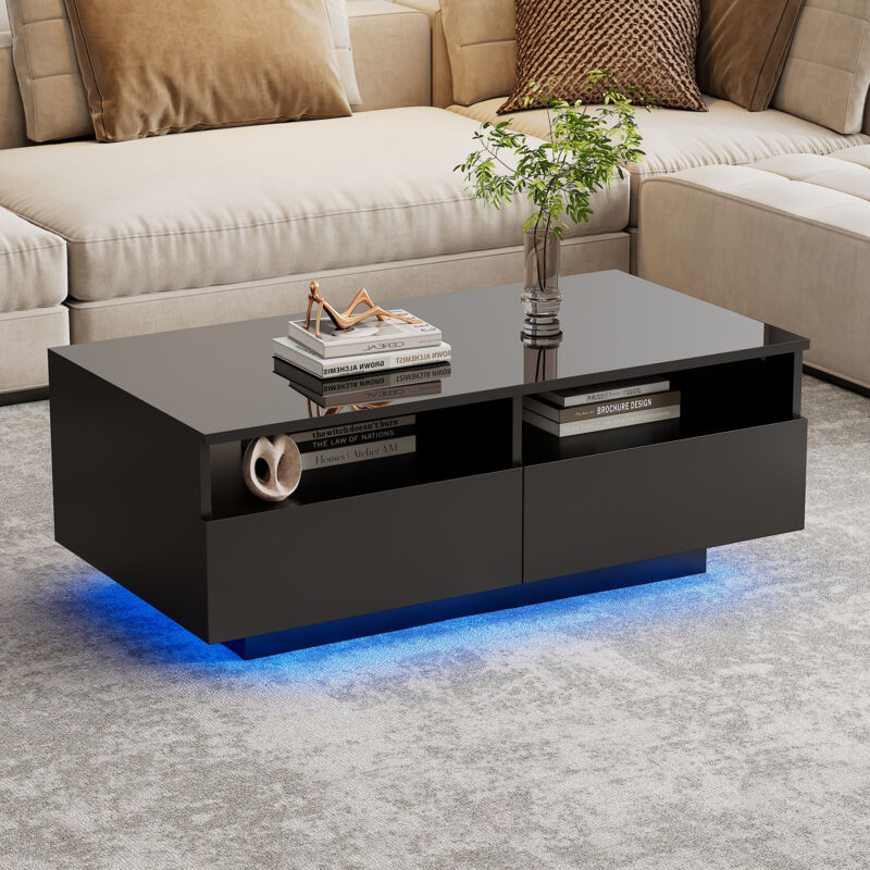 foto del prodotto tavolini bassi fissi 90x50x35cm tavolino salotto rettangolare, 2 cassetti, led, tavolino laterale, pannello truciolato, nero