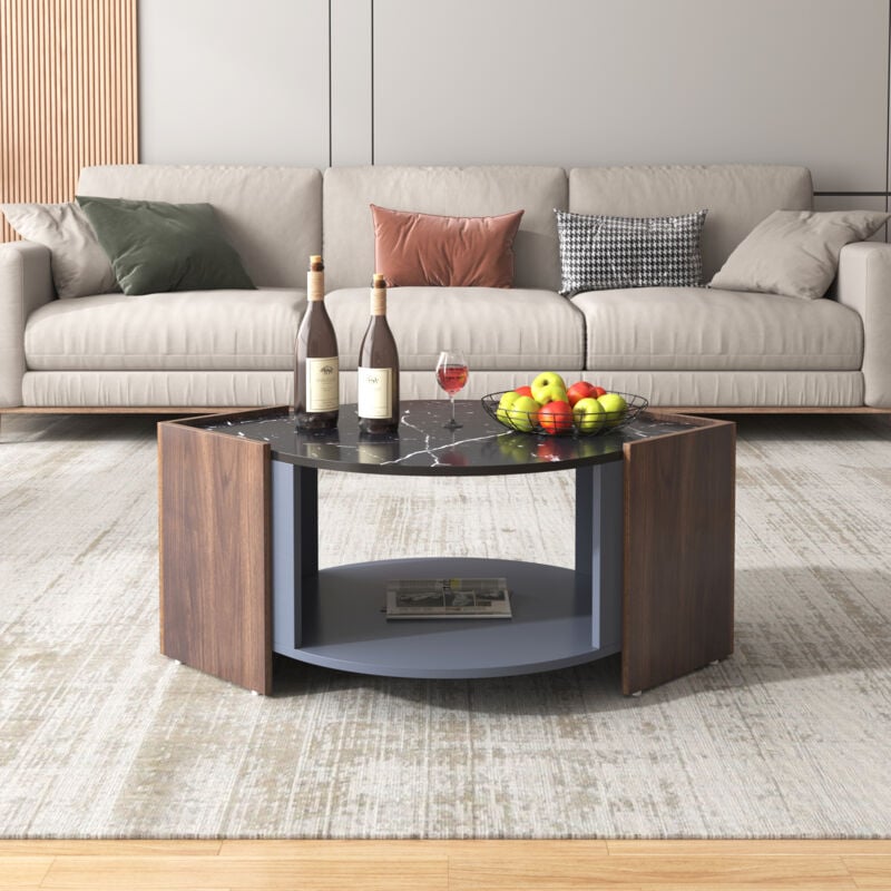 foto del prodotto tavolini bassi fissi 96,5x63x40cm tavolino da caff , tavolino salotto, motivo marmo e noce, truciolare, colore nero e noce