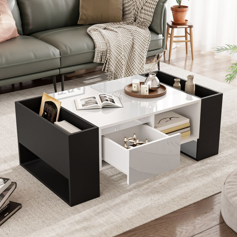 foto del prodotto tavolini da salotto 105x60x40,5cm con 1 cassetto e 4 scomparti aperti, pannello truciolare e mdf, bianco e nero